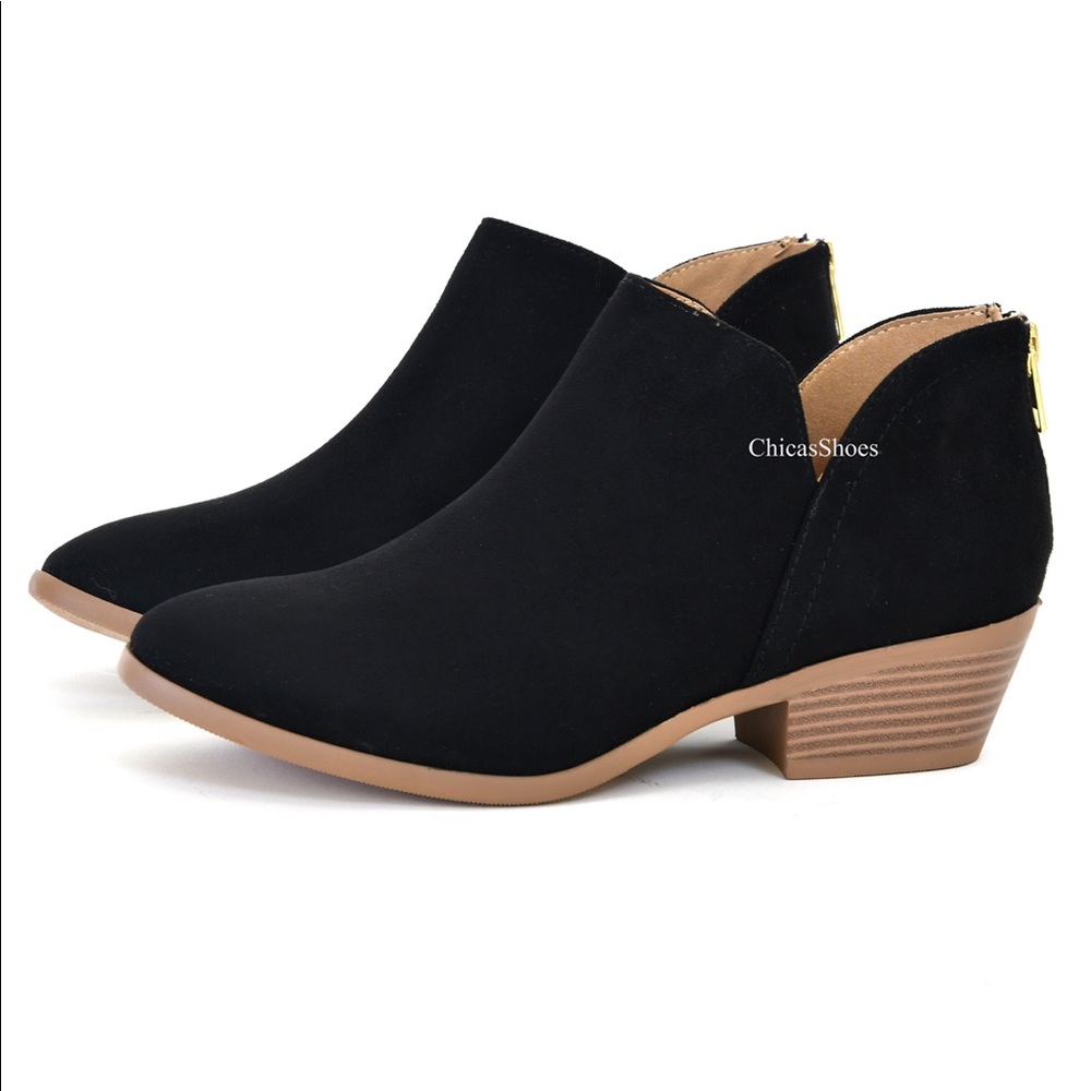 New Ankle Boots Almond Toe Chunky Heel Black